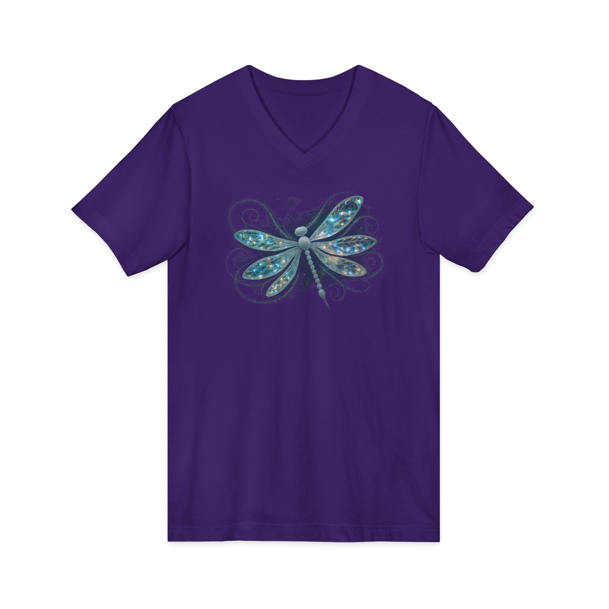 Dragonfly V-Neck Tee — Blue Glitter Floral Wing Graphic