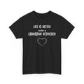 Black t-shirt with text 'Life is better with a Labrador Retriever' on a white background