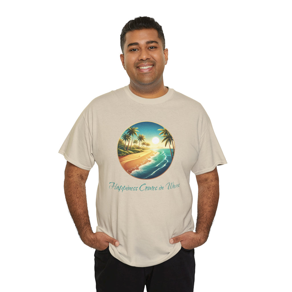Beach Sunset T-Shirt — "Happiness Comes in Waves" Surf Graphic Tee