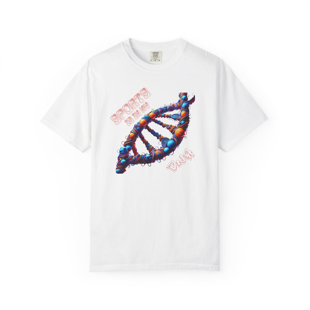 Vibrant sports-themed DNA helix illustration featuring basketballs, soccer balls, tennis balls, and more woven into colorful strands with the phrase ‘Sports Is in My DNA'.