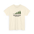Beige t-shirt with airplane mode weekends graphic on a white background