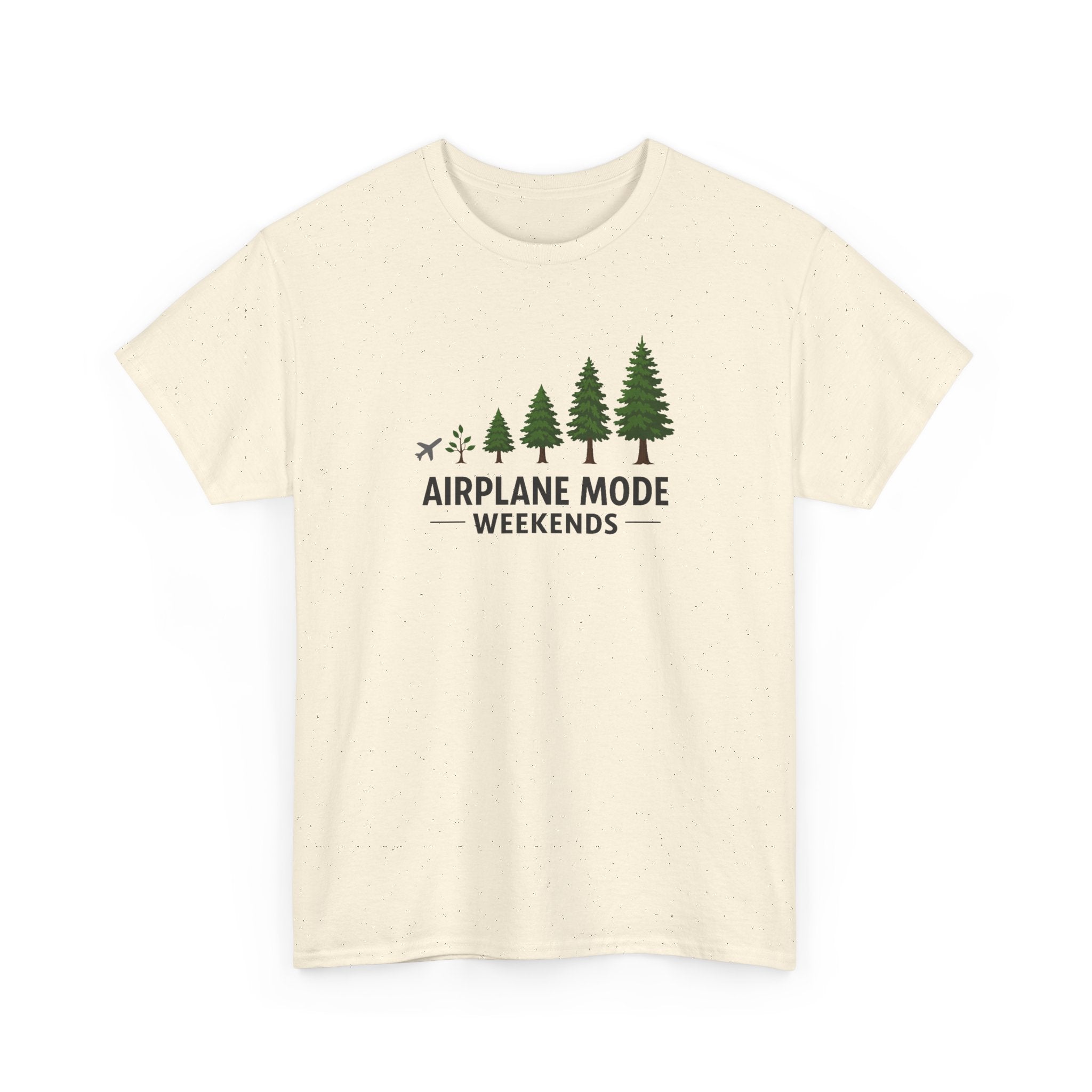 Beige t-shirt with airplane mode weekends graphic on a white background