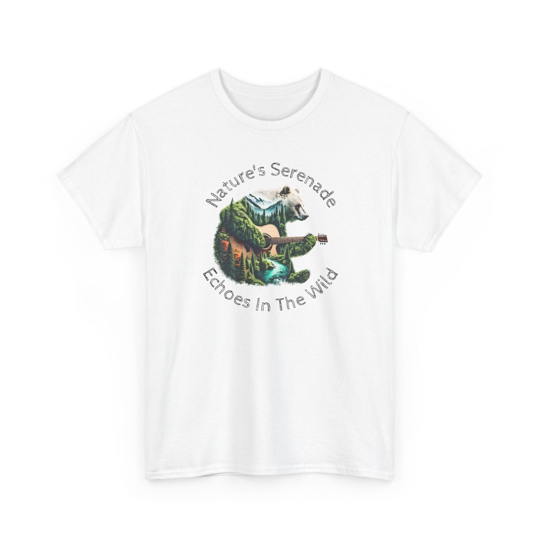 T shirt with double exposure illustration of a bear playing an acoustic guitar, blended with a forest, mountains, and flowing river, symbolizing nature, music, and creative harmony, with the phrase 'nature's serenade echoes in the wild'.