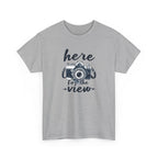 Hiking Tee — "Here for the View" Camera  And Mountain Graphic Shirt