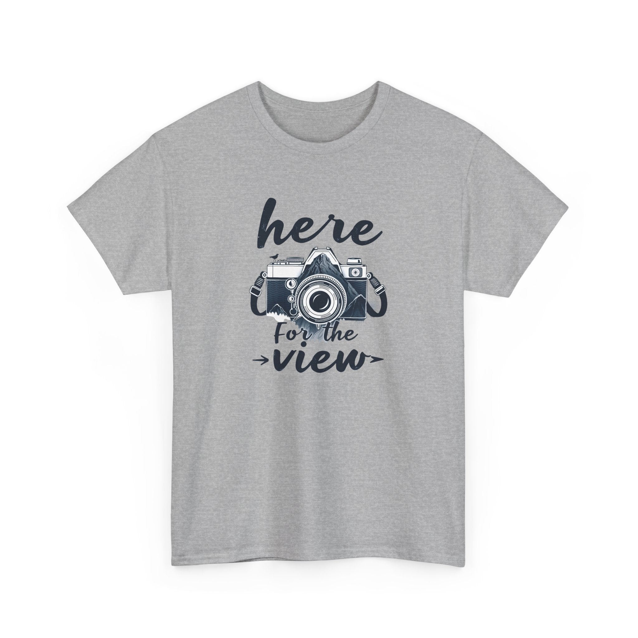 Hiking Tee — "Here for the View" Camera  And Mountain Graphic Shirt