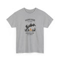 Gray t-shirt with hiking graphic and text 'hiking is hard chillin' is easy' on a white background