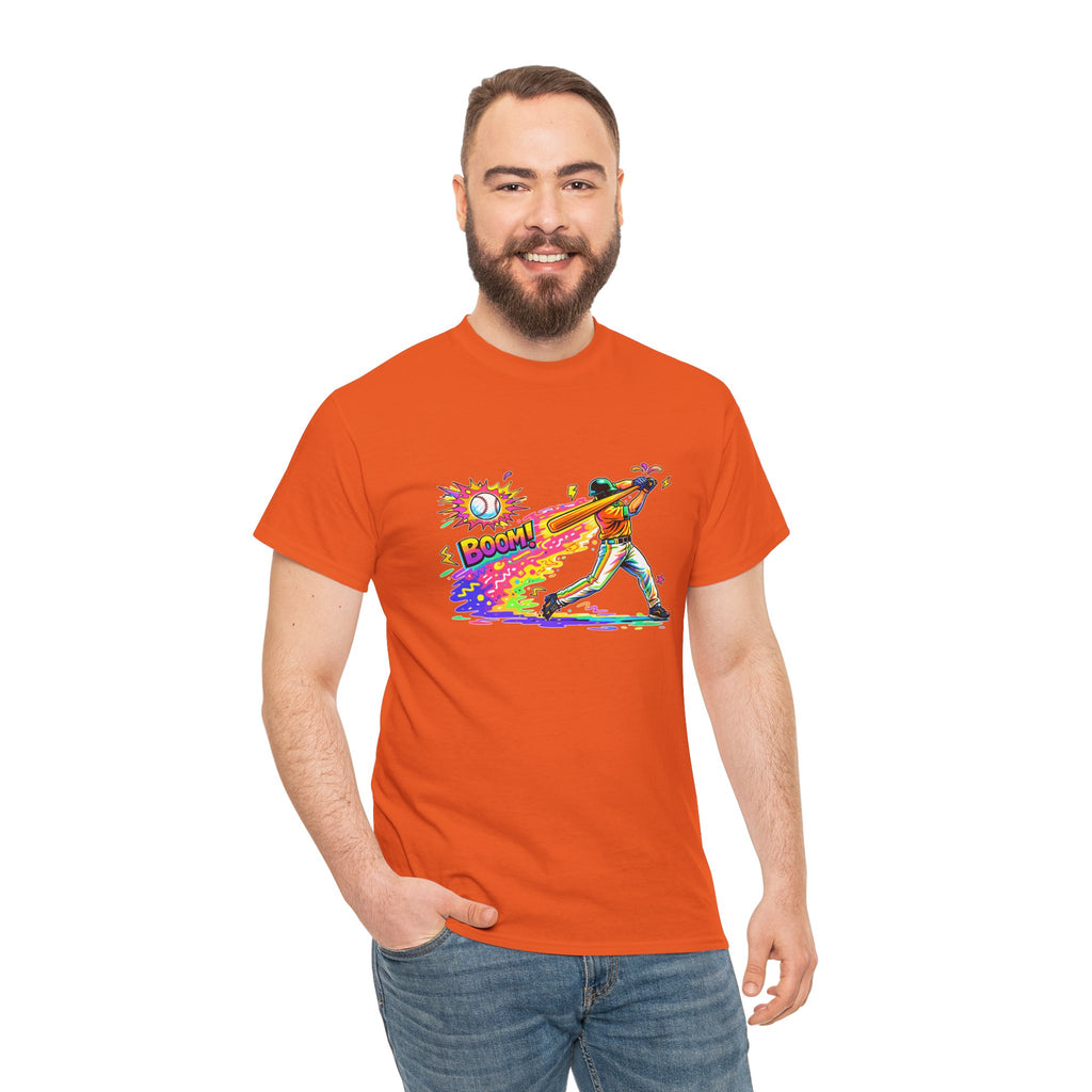 Baseball Batter Rainbow Blast Tee — 'Boom!' Graphic Sports T-Shirt