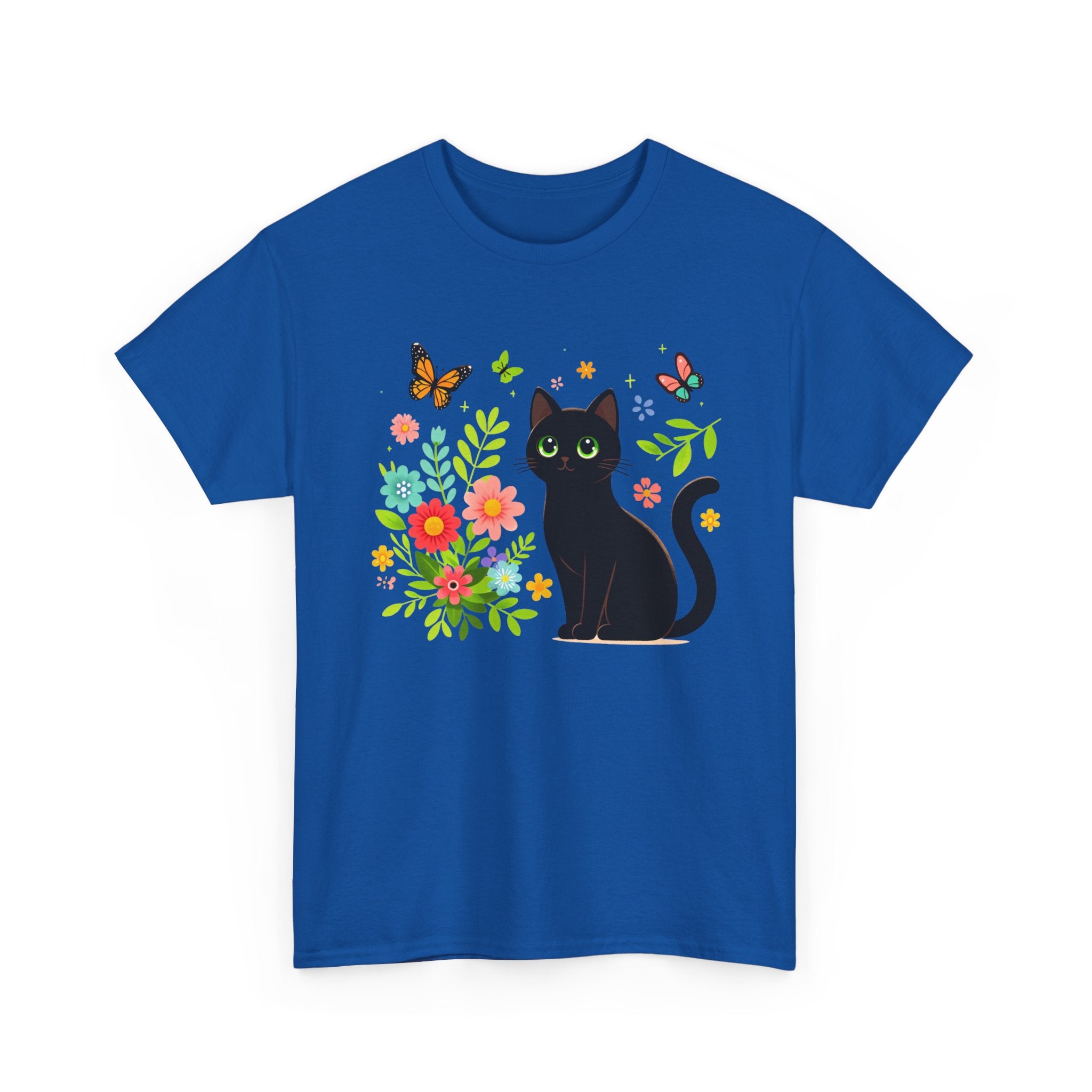 Black Cat Floral Tee - Cute Cat, Flowers & Butterflies Graphic T-Shirt