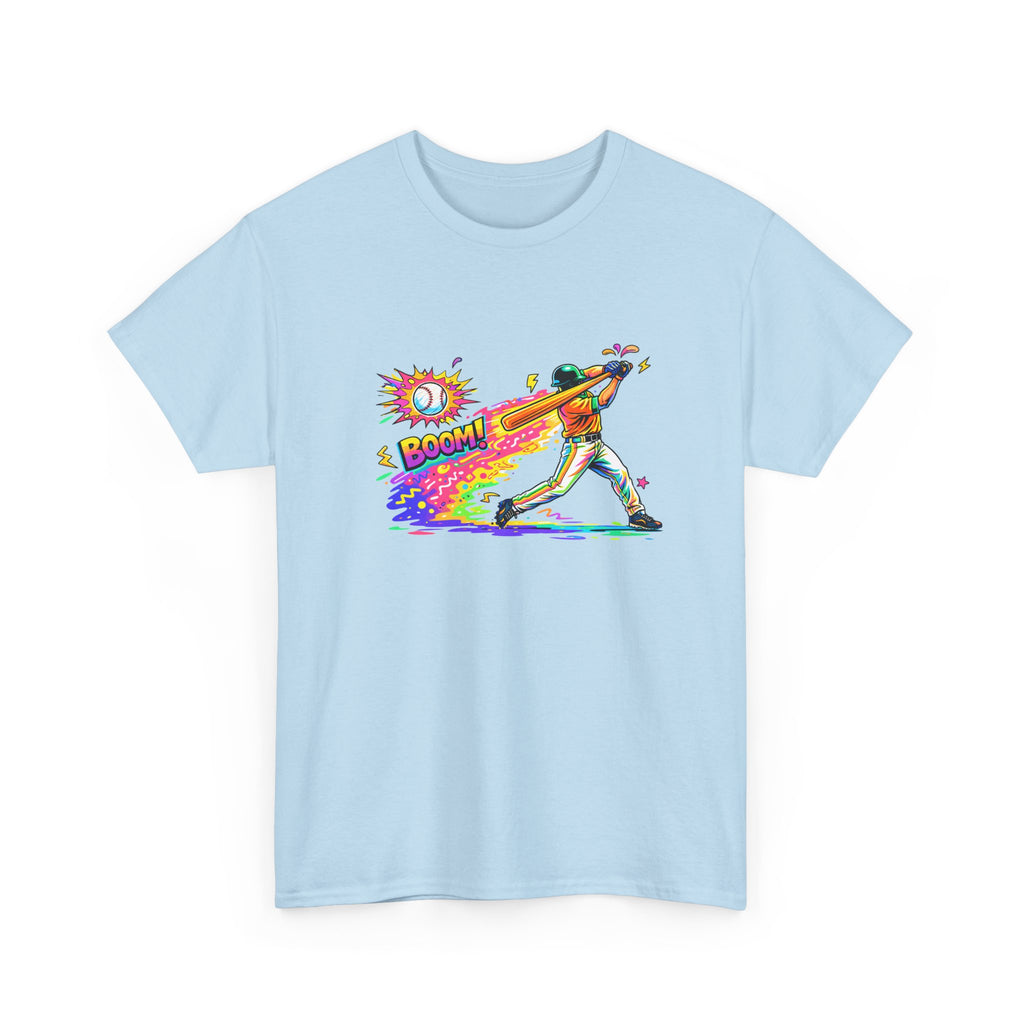 Baseball Batter Rainbow Blast Tee — 'Boom!' Graphic Sports T-Shirt