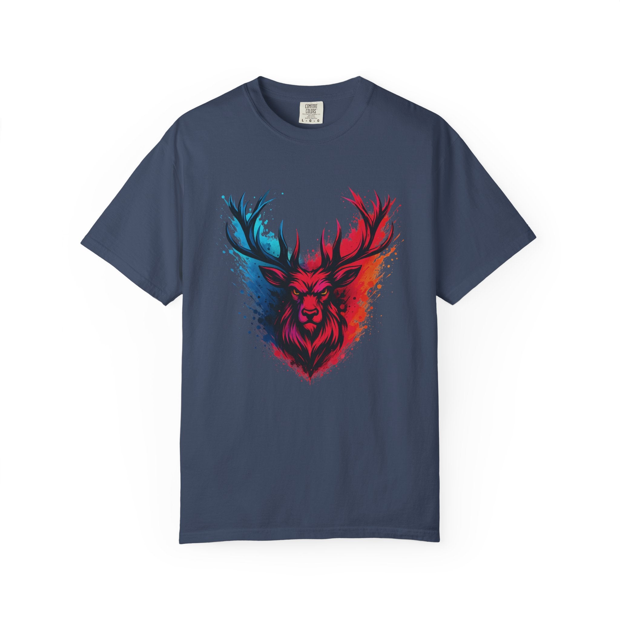 Stag Split-Color Splash T-Shirt — Red & Blue Deer Head Graphic