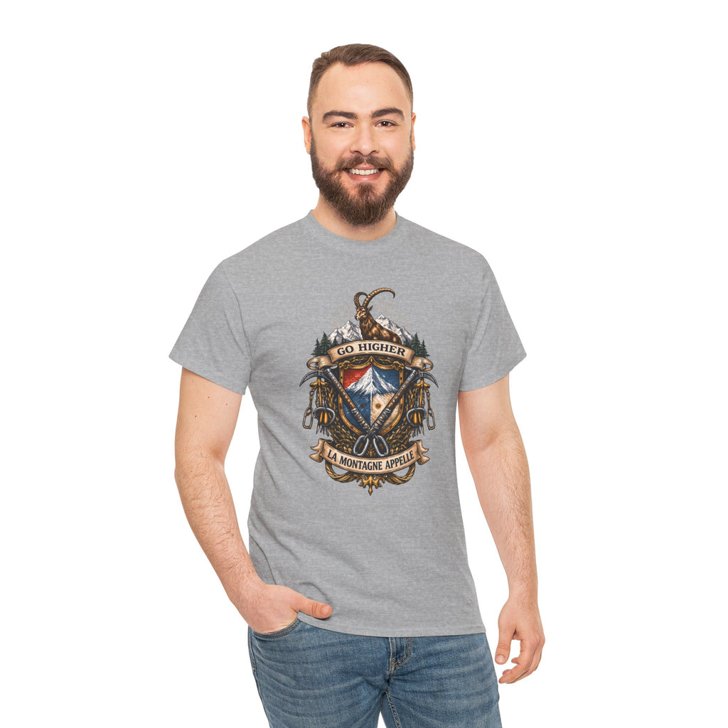 Adventure Crest T-Shirt — "Go Higher" Mountain Climbing Graphic Tee