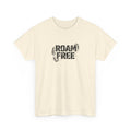Beige t-shirt with 'ROAM FREE' text on a white background