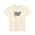 Beige t-shirt with 'ROAM FREE' text on a white background