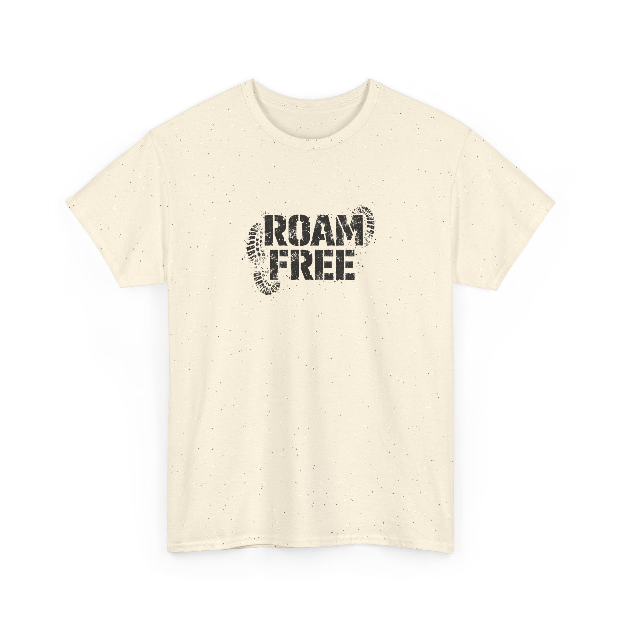 Beige t-shirt with 'ROAM FREE' text on a white background