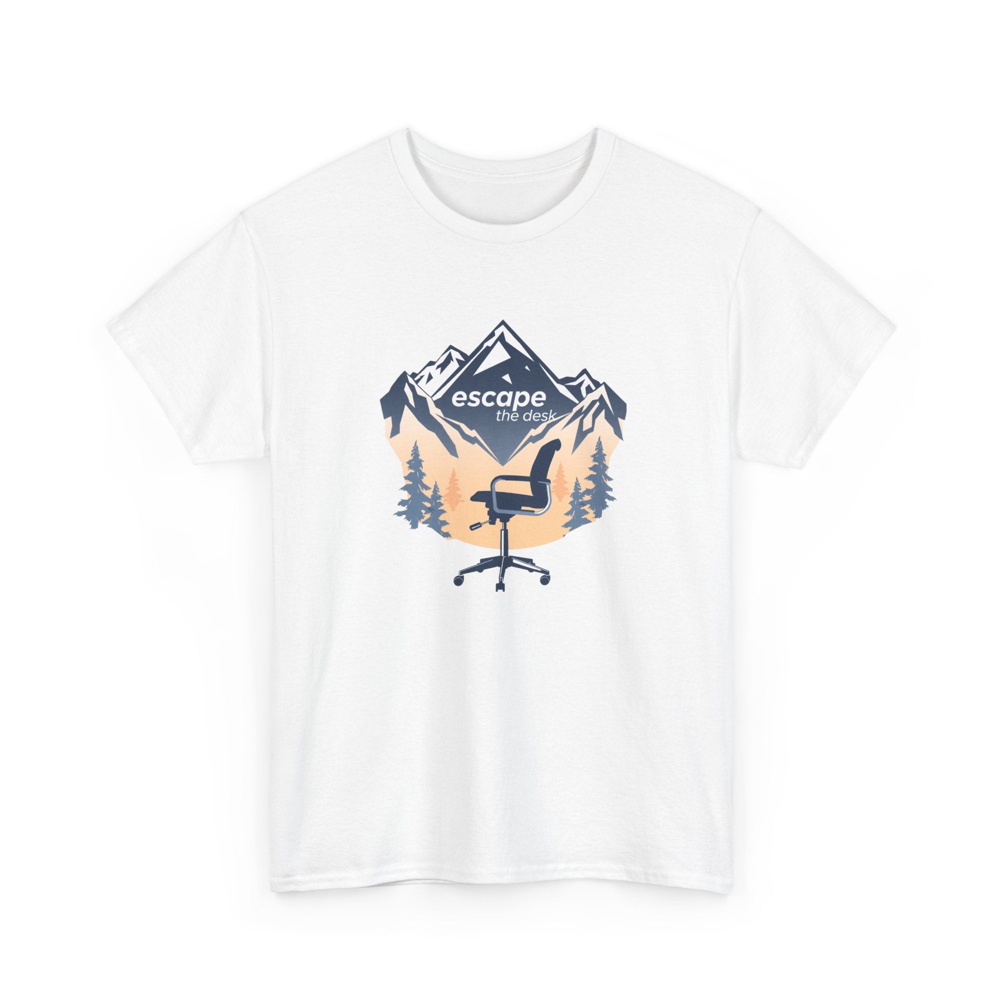 White t-shirt with a graphic design of a mountain, trees, and an office chair with 'escape the office' text on a white background.