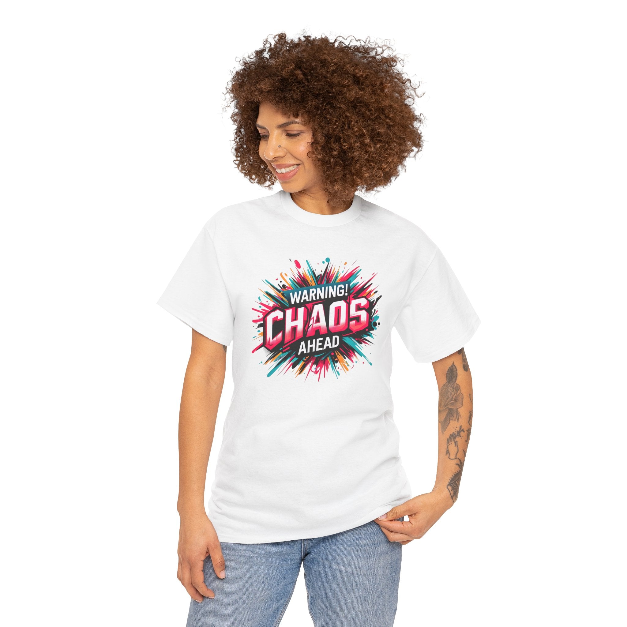 Chaos Ahead Graphic Tee — Warning! Colorful Explosion Design