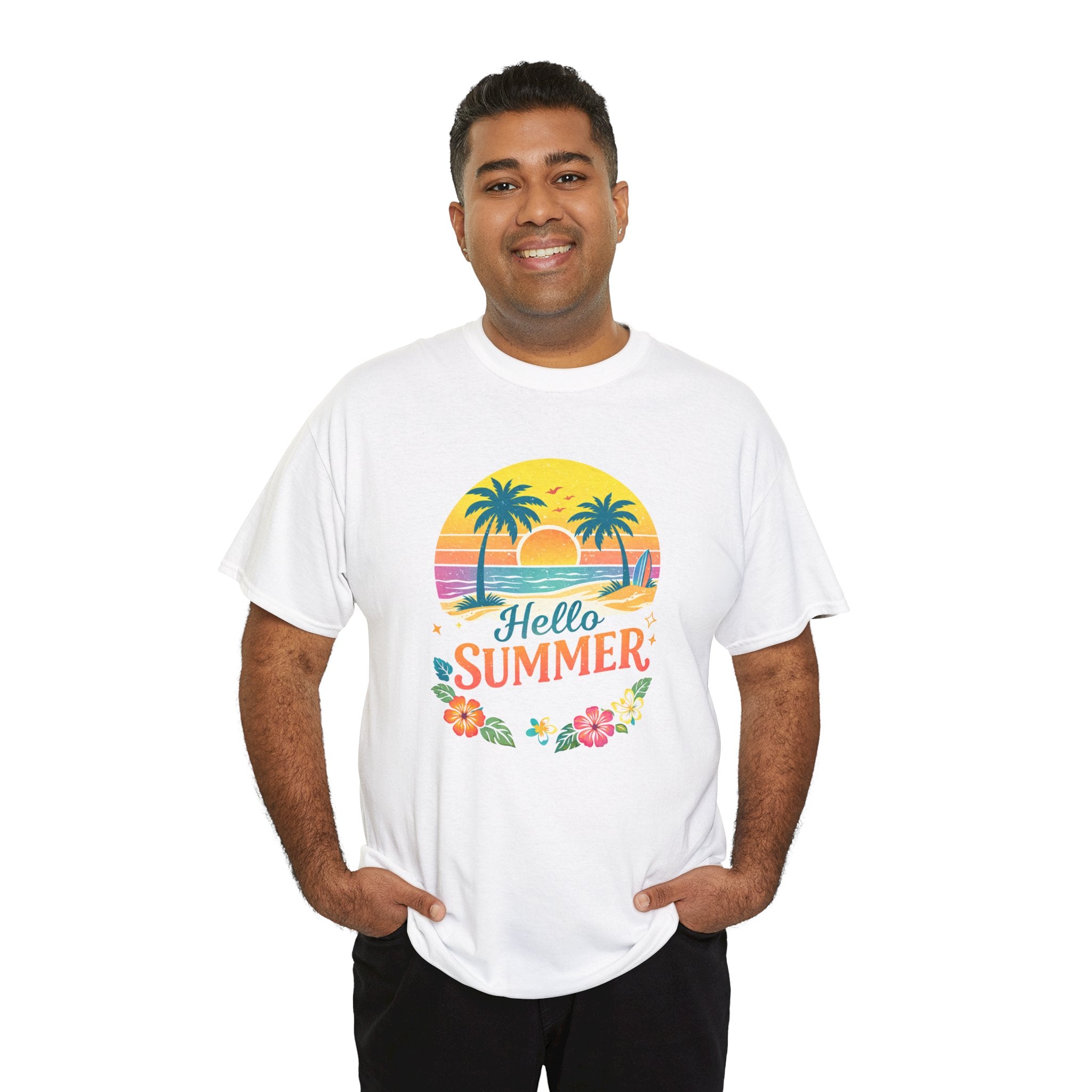 Hello Summer T-Shirt — Tropical Beach Palm Tree Graphic Tee