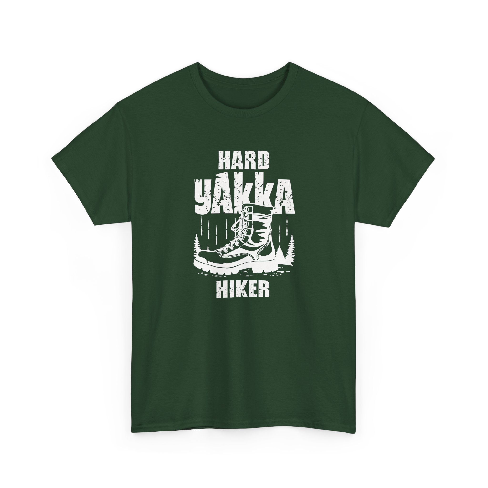 Green t-shirt with hiking boot graphic and text 'hard yakka hike' on a white background