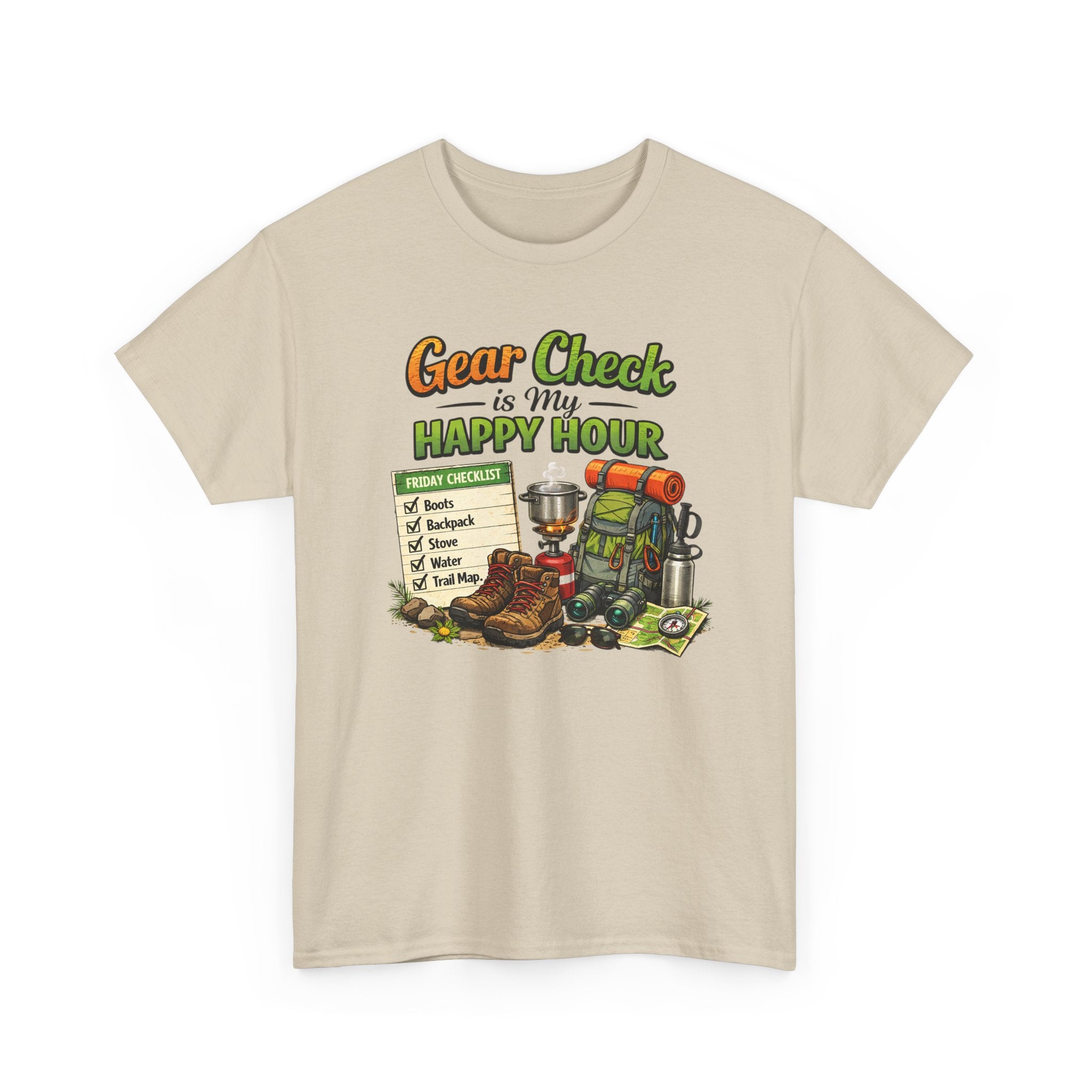Camping Gear Check T-Shirt — "Gear Check is My Happy Hour" Travel & Outdoor Tee