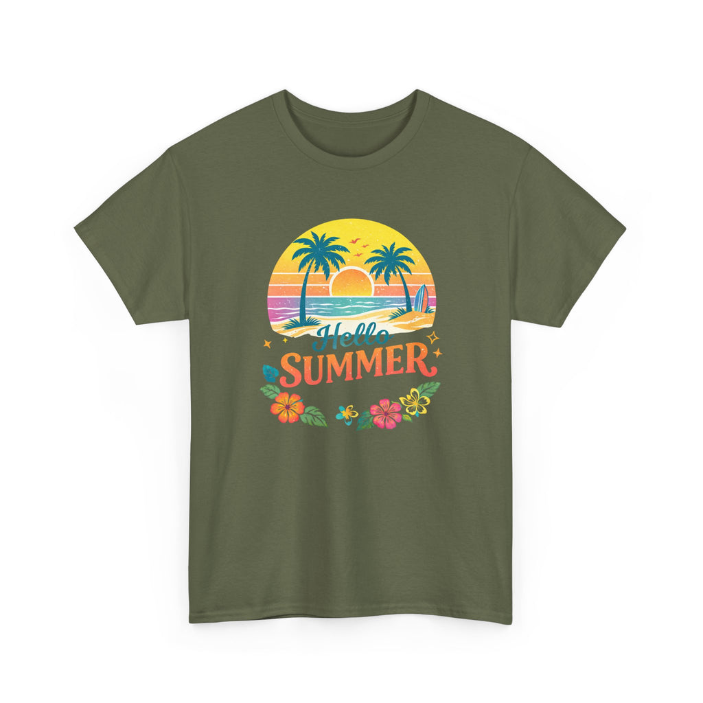 Hello Summer T-Shirt — Tropical Beach Palm Tree Graphic Tee