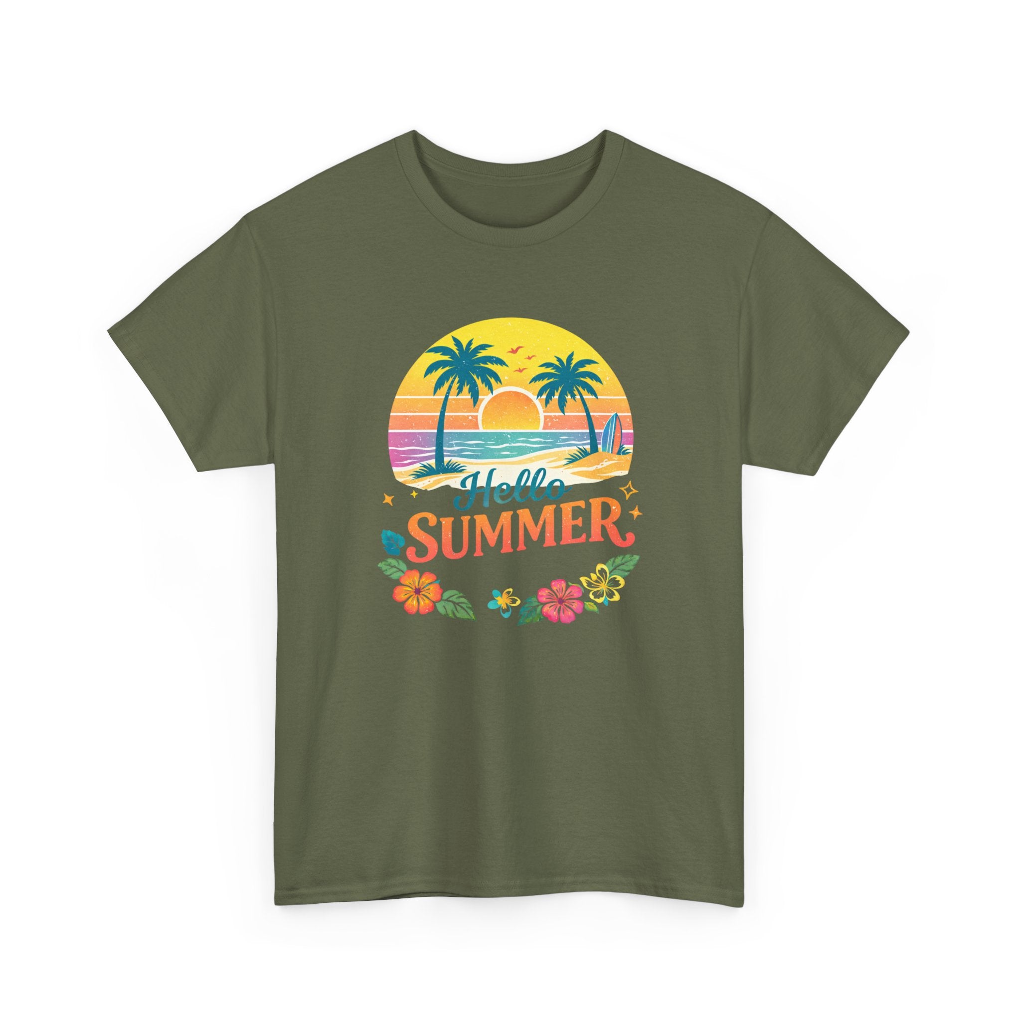 Hello Summer T-Shirt — Tropical Beach Palm Tree Graphic Tee