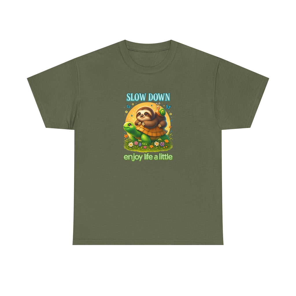 Slow Down Turtle Sloth & Snail V-Neck Tee — "Enjoy Life a Little" Relaxed Graphic Shirt