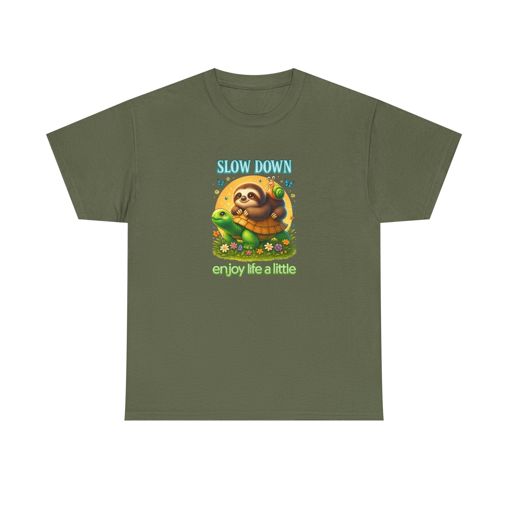 Slow Down Turtle Sloth & Snail V-Neck Tee — "Enjoy Life a Little" Relaxed Graphic Shirt