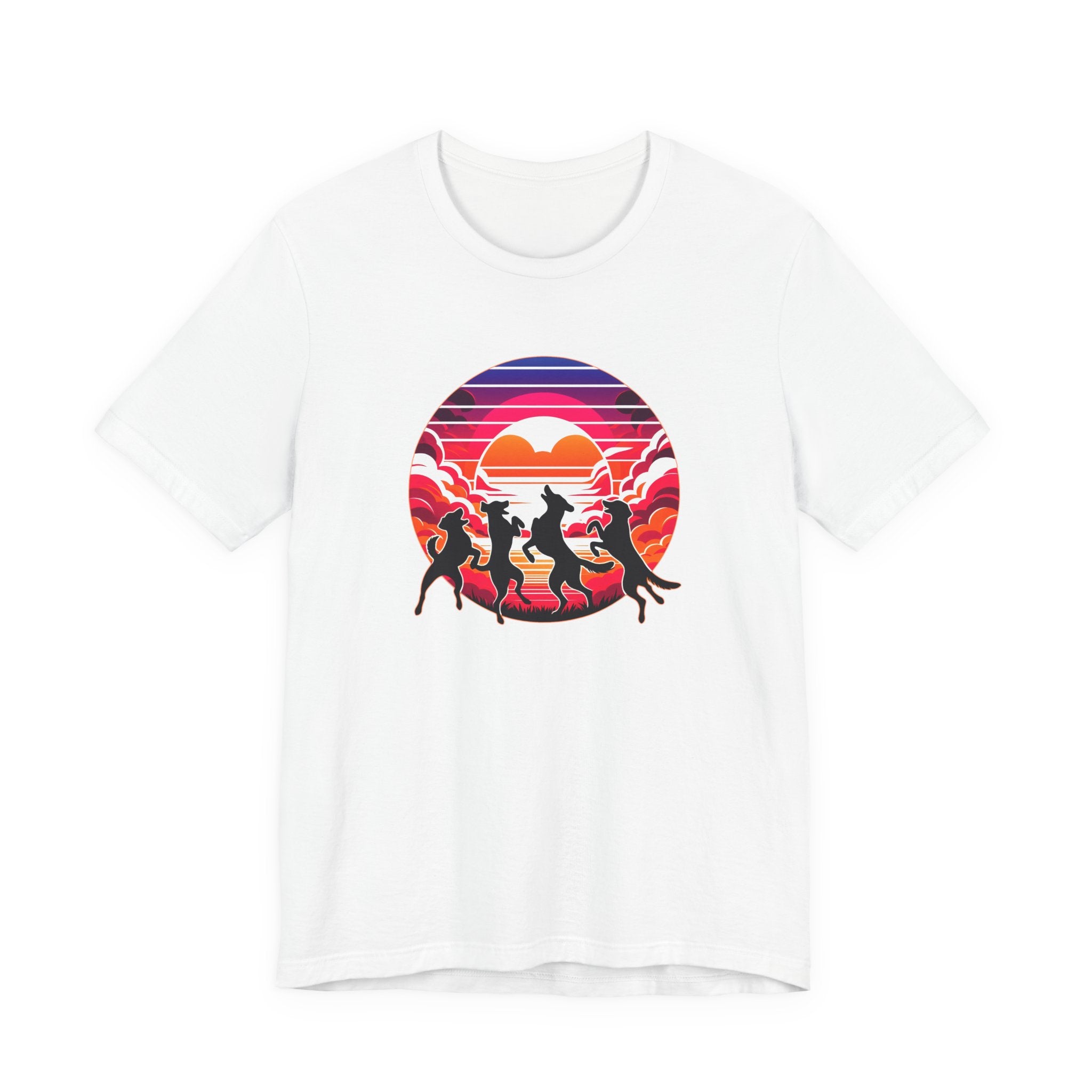 Retro Sunset Dancing Dogs T-Shirt — Vintage Rainbow Skyline Graphic Tee