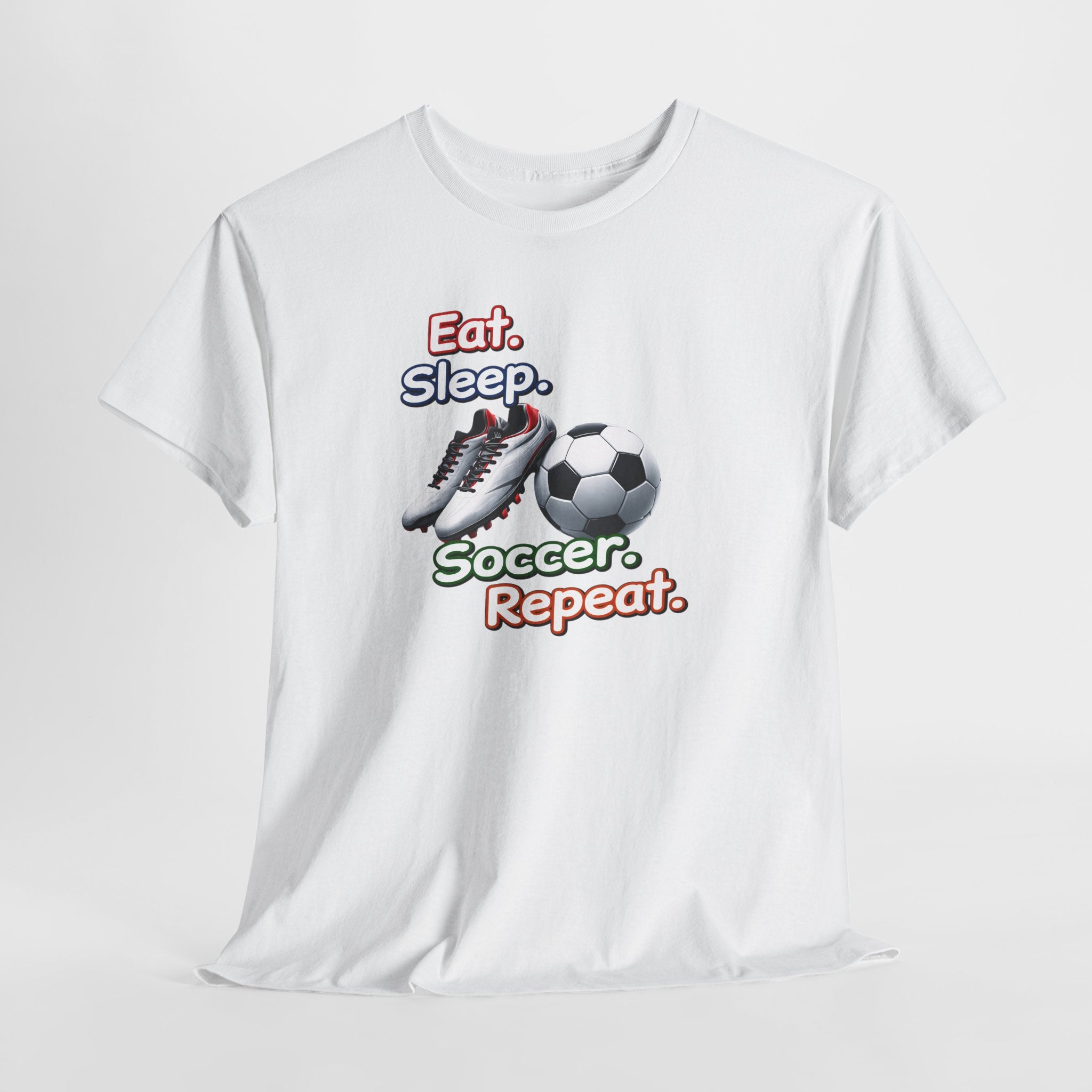 Soccer T-Shirt — "Eat. Sleep. Soccer. Repeat." Graphic Tee for Players & Fans