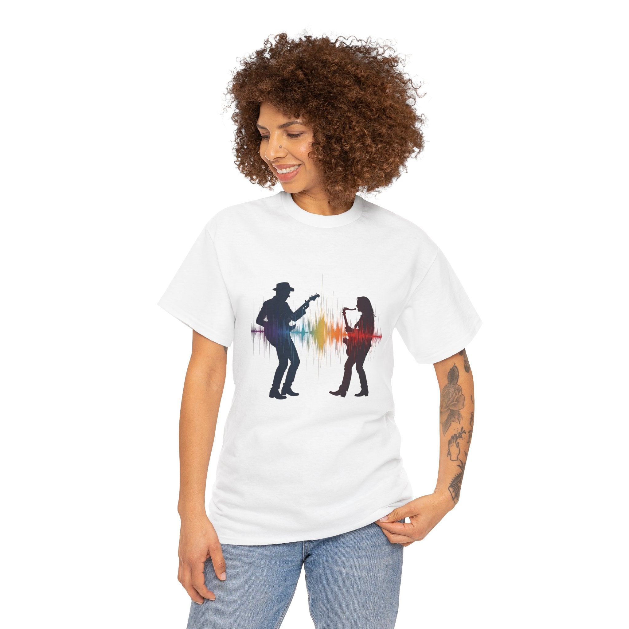 Music Lovers T‑Shirt – Guitarist & Singer Silhouette with Colorful Soundwave