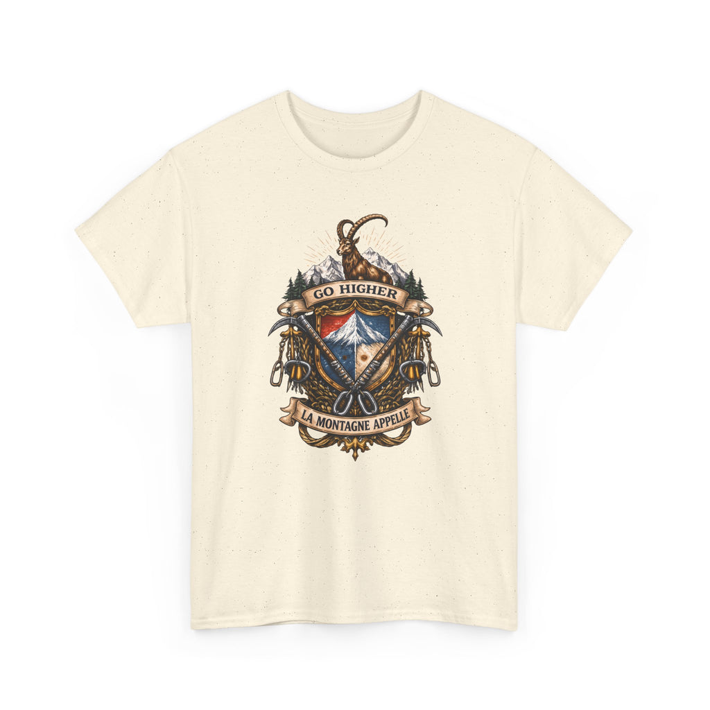 Adventure Crest T-Shirt — "Go Higher" Mountain Climbing Graphic Tee