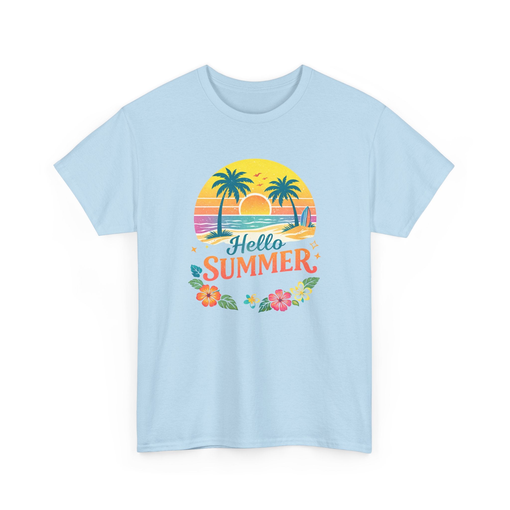 Hello Summer T-Shirt — Tropical Beach Palm Tree Graphic Tee