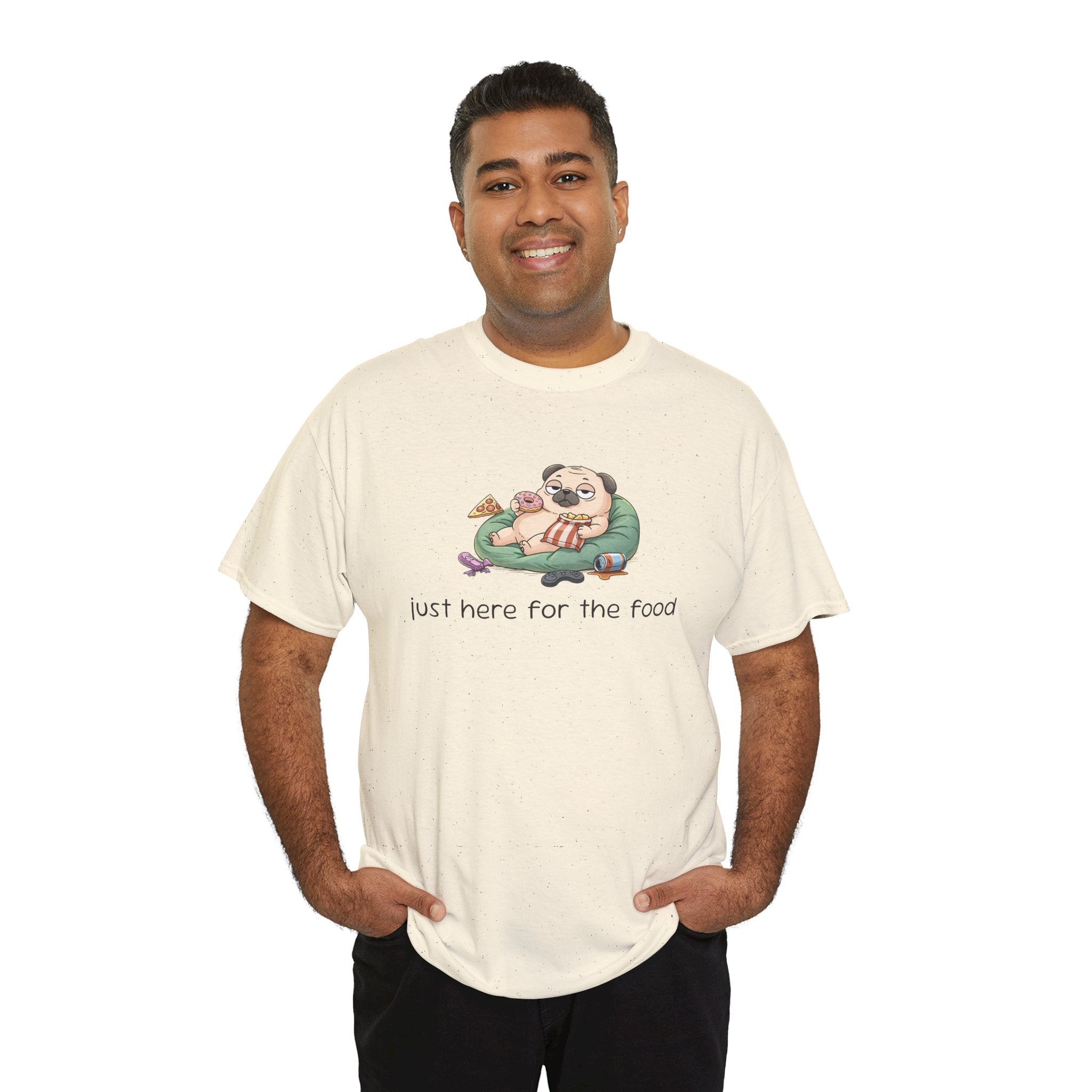 Pug Pizza Tee — "Just Here for the Food" Funny Dog T-Shirt