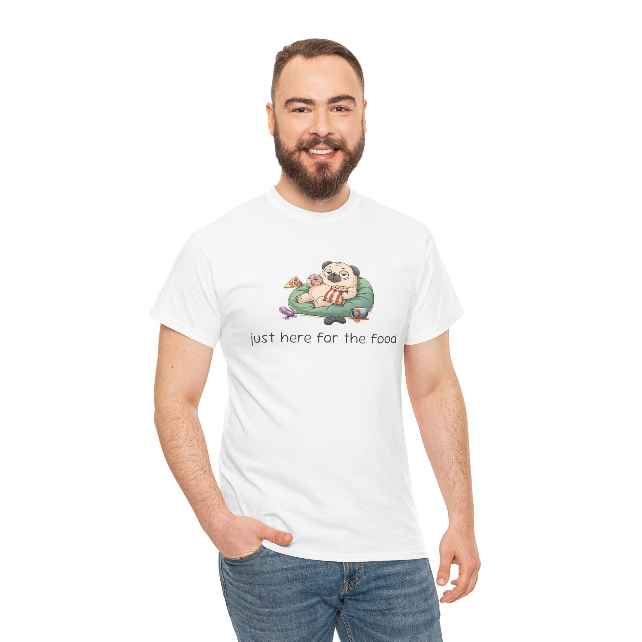 Pug Pizza Tee — "Just Here for the Food" Funny Dog T-Shirt
