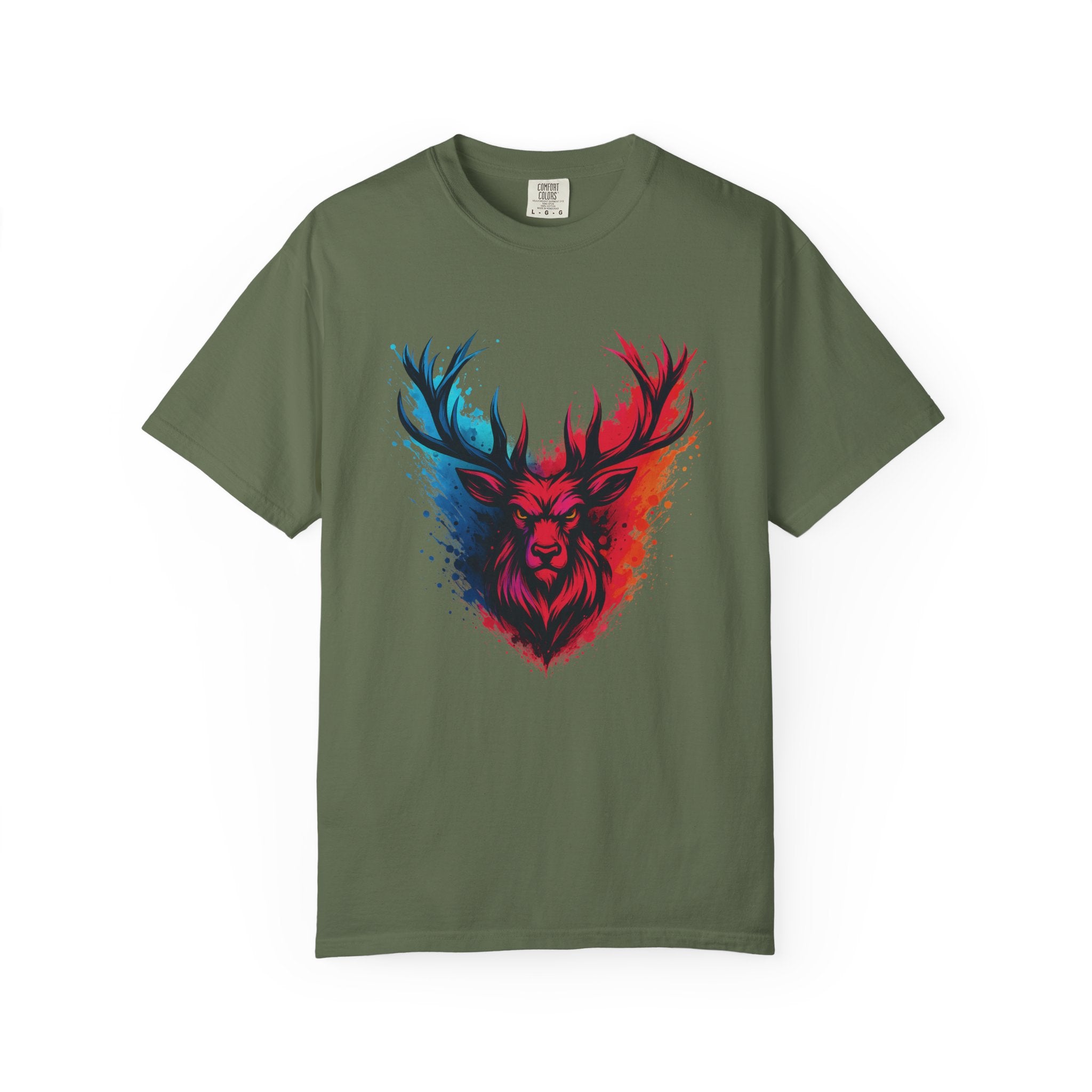Stag Split-Color Splash T-Shirt — Red & Blue Deer Head Graphic