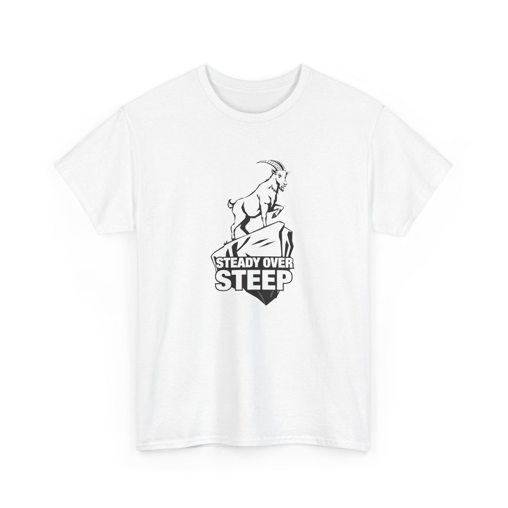 Steady Over Steep Mountain Goat T-Shirt — Motivational Hiking Logo Tee