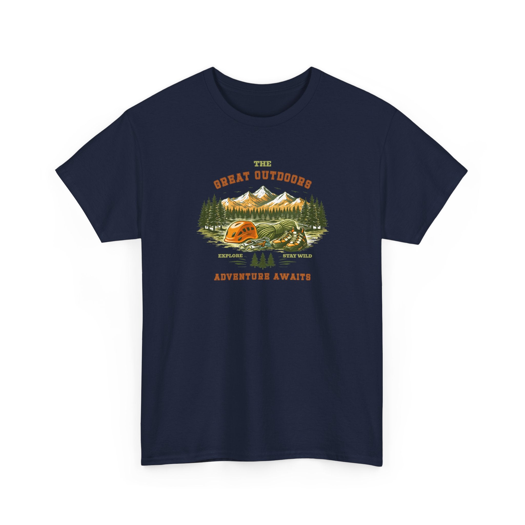 Rock Climbing Camping T-Shirt — "The Great Outdoors: Adventure Awaits" Graphic Tee