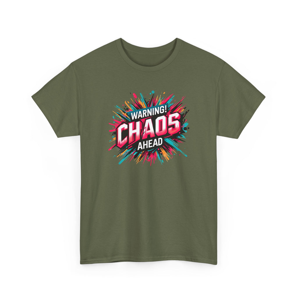 Chaos Ahead Graphic Tee — Warning! Colorful Explosion Design