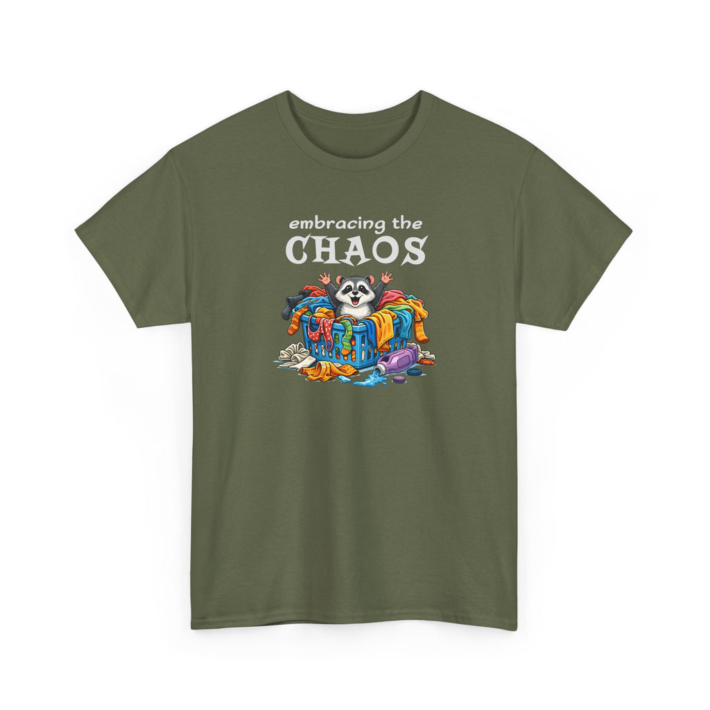 Embracing the Chaos T‑Shirt — Playful Raccoon & Messy Wardrobe Graphic Tee