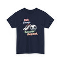 Navy blue t-shirt with soccer-themed text 'eat, sleep, soccer, repeat' and graphics on a white background