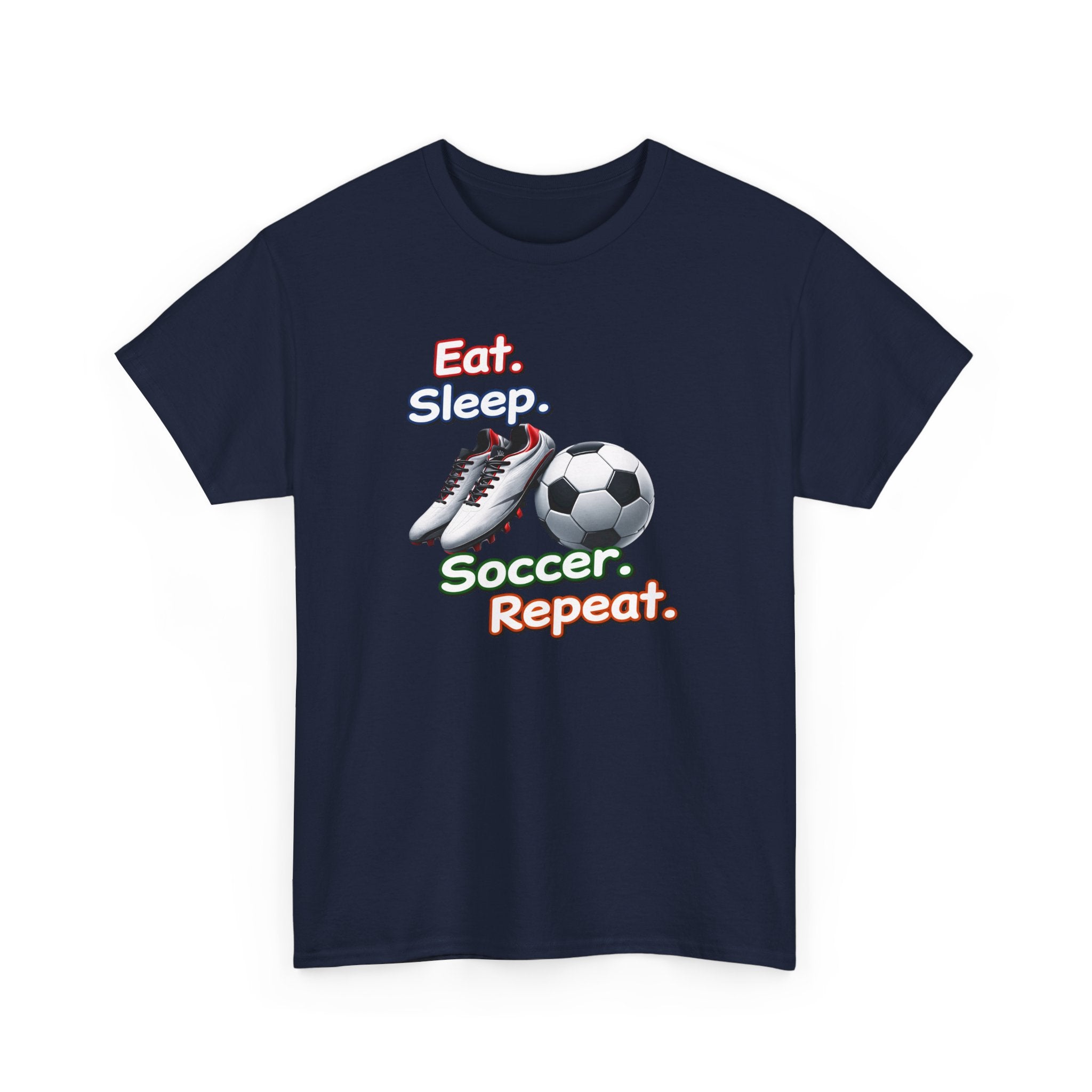 Navy blue t-shirt with soccer-themed text 'eat, sleep, soccer, repeat' and graphics on a white background