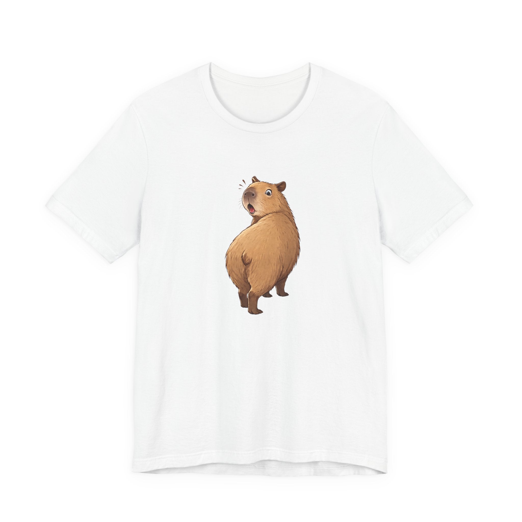 a funny graphic of a capybara walking away looking over shoulder with a wide eyed surprised look