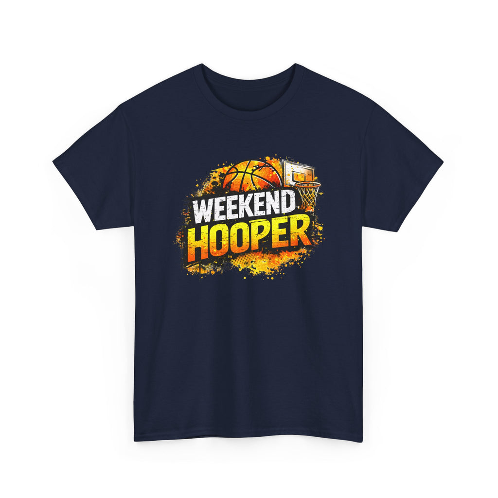 Navy blue t-shirt with 'Weekend Hooper' graphic design featuring a basketball and hoop on a white background.