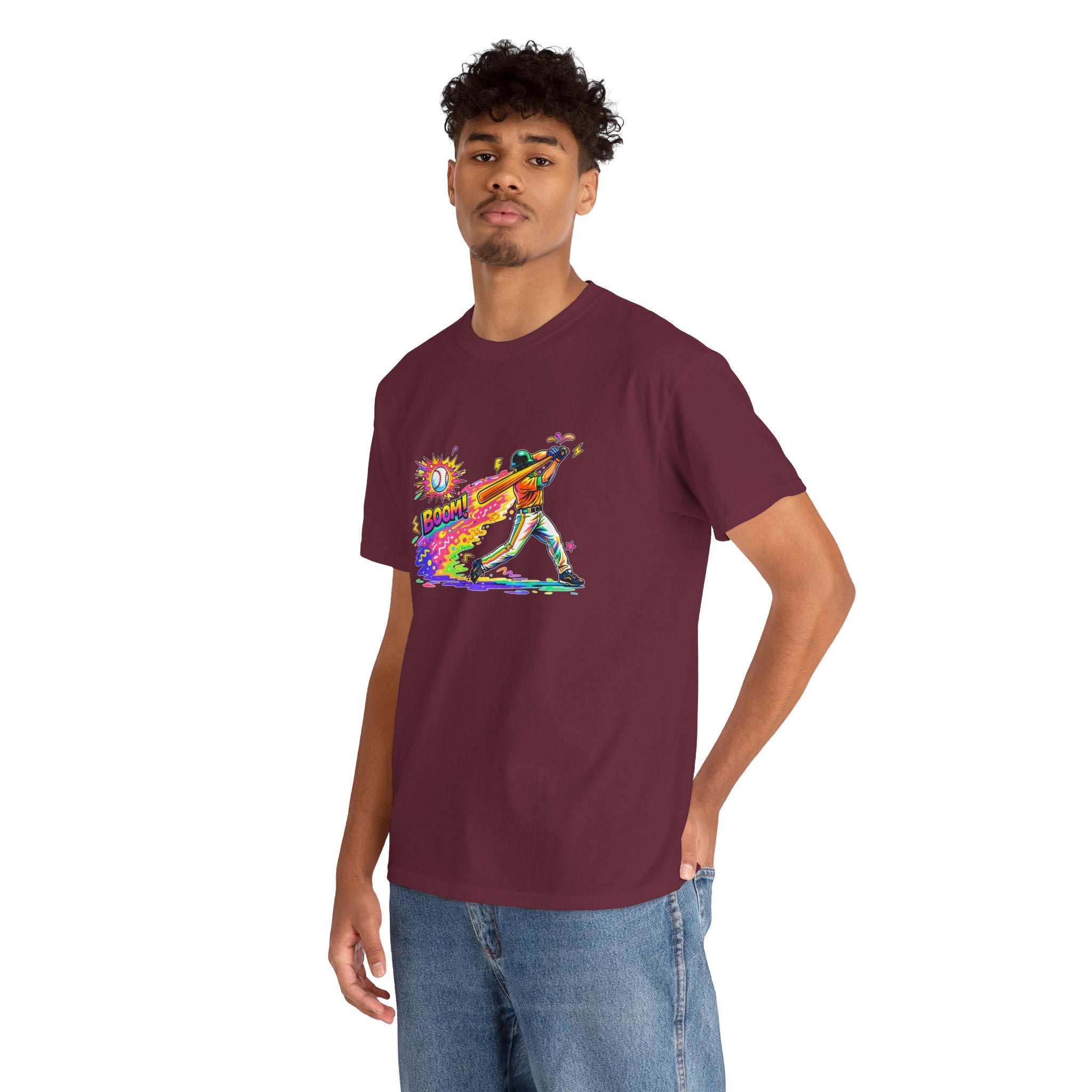 Baseball Batter Rainbow Blast Tee — 'Boom!' Graphic Sports T-Shirt