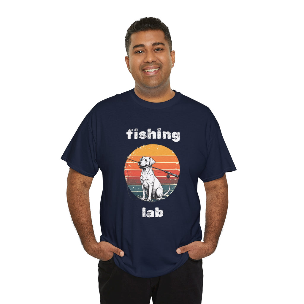 Fishing Lab T-Shirt — Retro Sunset Labrador Fishing Tee for Dog Lovers