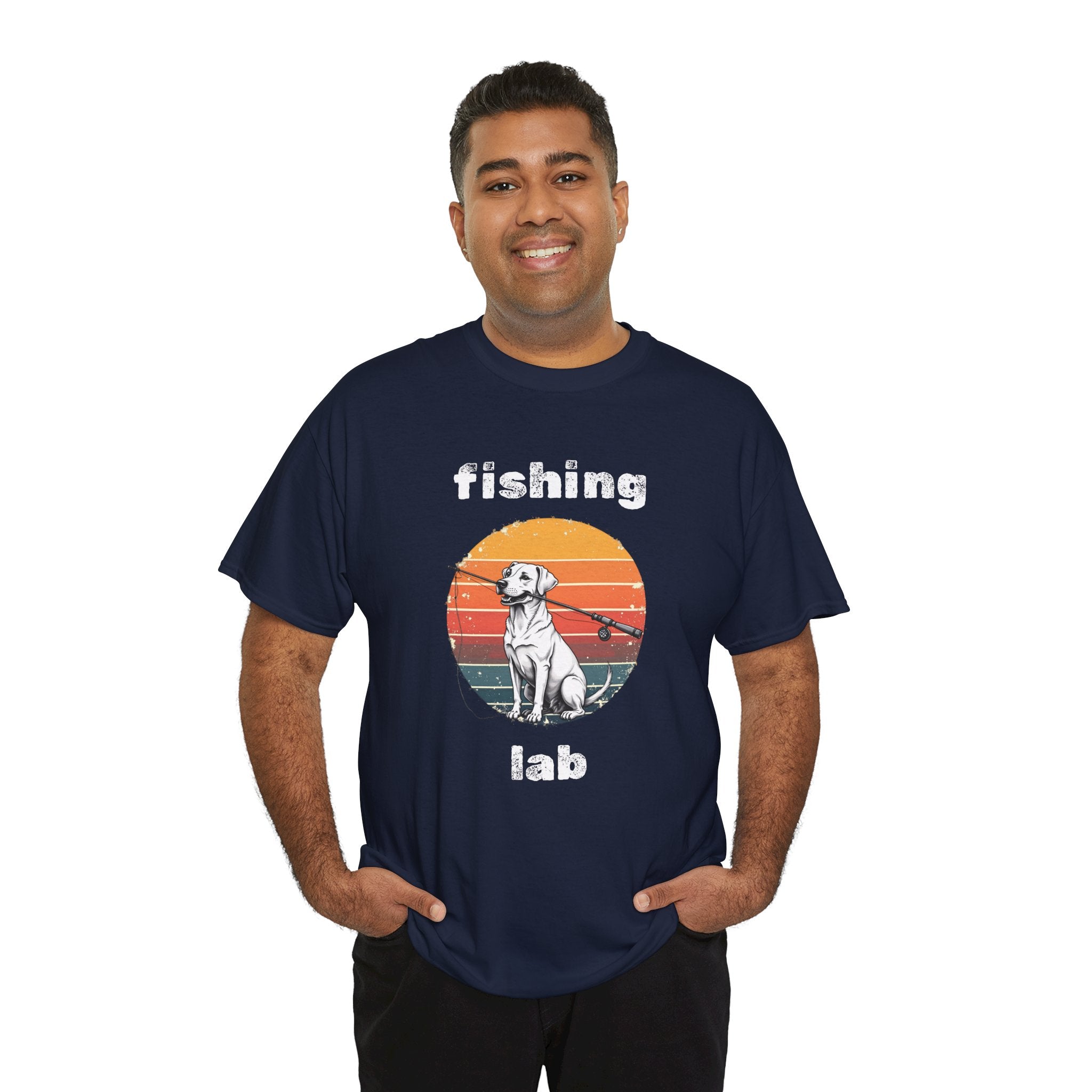 Fishing Lab T-Shirt — Retro Sunset Labrador Fishing Tee for Dog Lovers
