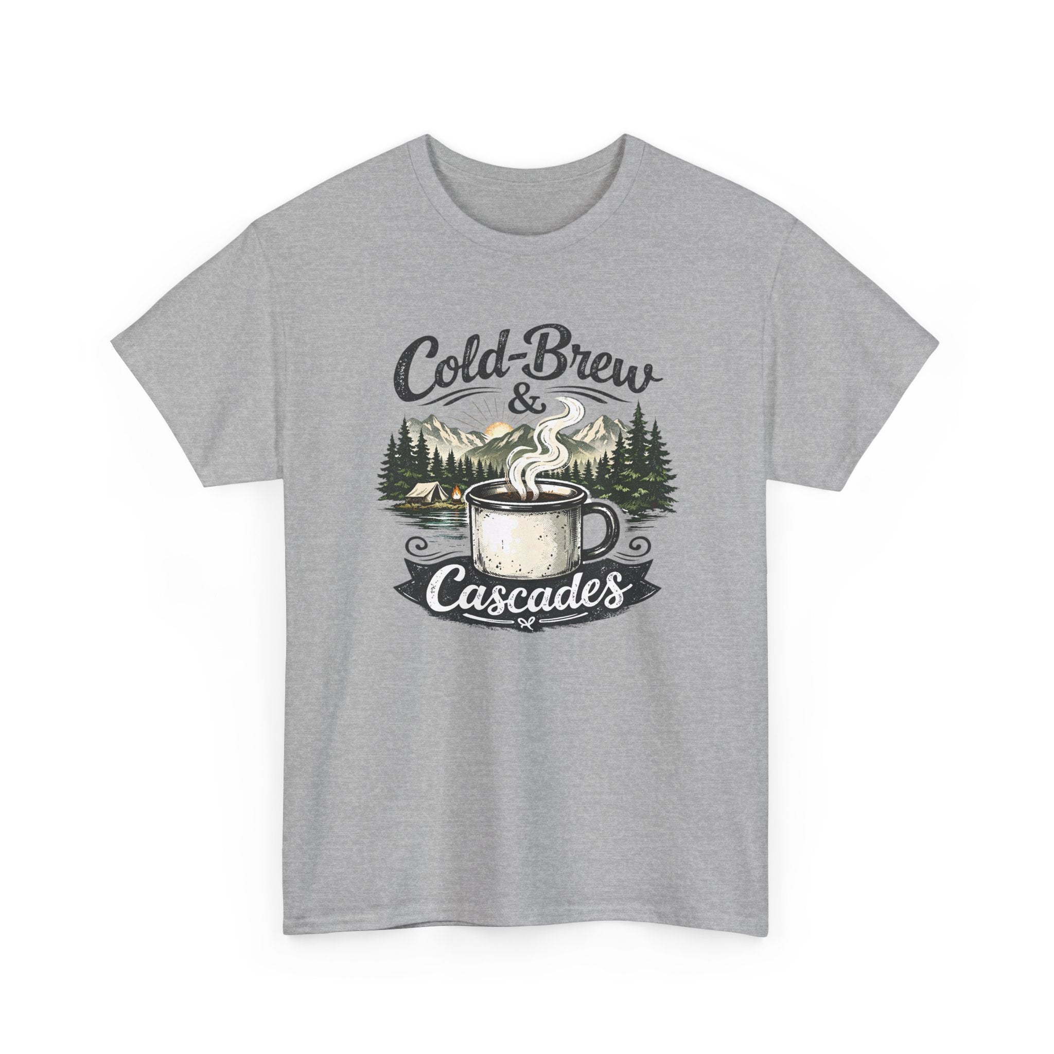 Cold-Brew & Cascades Tee — Vintage Coffee and Hiking Pine Forest Graphic T-Shirt