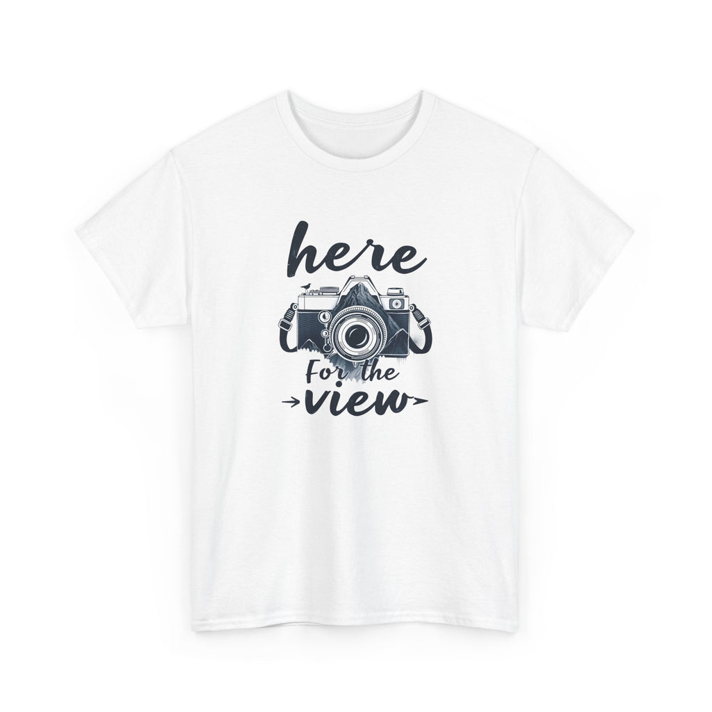 White t-shirt with a camera graphic and text 'here for the view' on a white background