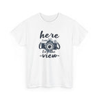 White t-shirt with a camera graphic and text 'here for the view' on a white background