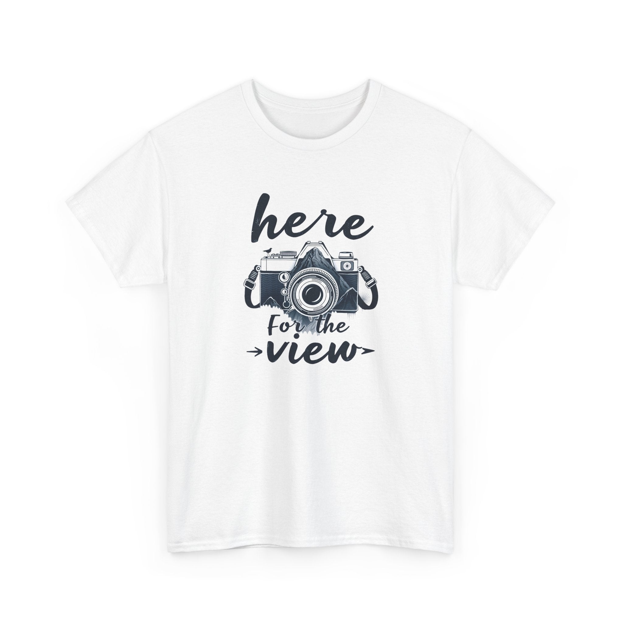 White t-shirt with a camera graphic and text 'here for the view' on a white background